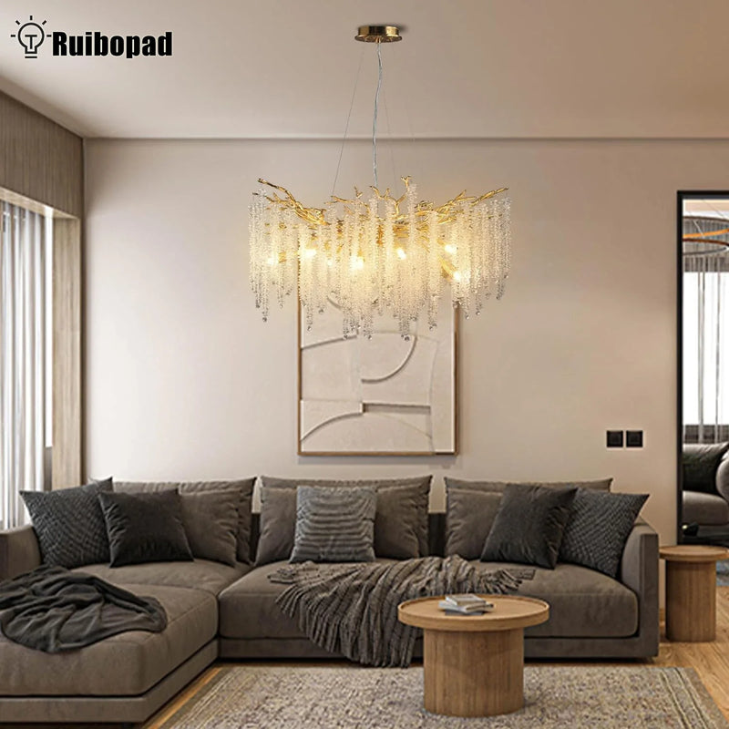 Luxury Gold Crystal Branch Chandelier - Axyaa's Modern Round Ceiling Light