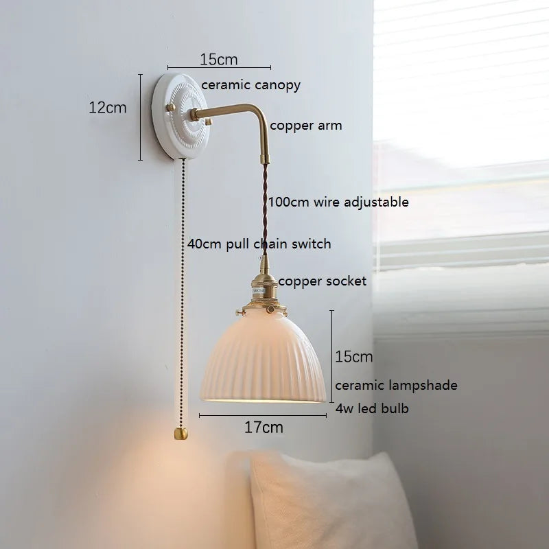Axyaa Ceramic LED Wall Sconce with Adjustable Copper Arm for Bedroom, Bathroom, Mirror