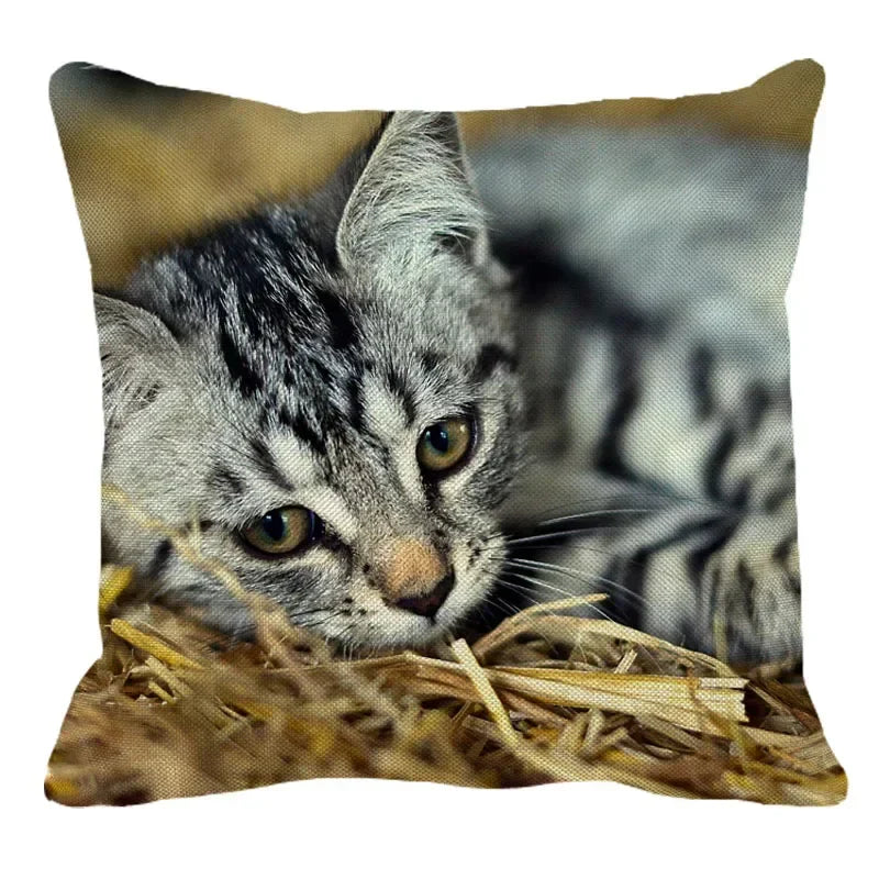 Axyaa Cat Print Linen Throw Pillowcase 45X45CM