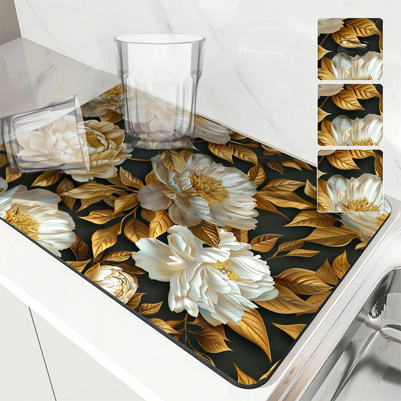 Axyaa 3D Plants Kitchen Mat: Absorbent, Antiskid, Quick Dry, Draining, Tableware Mat