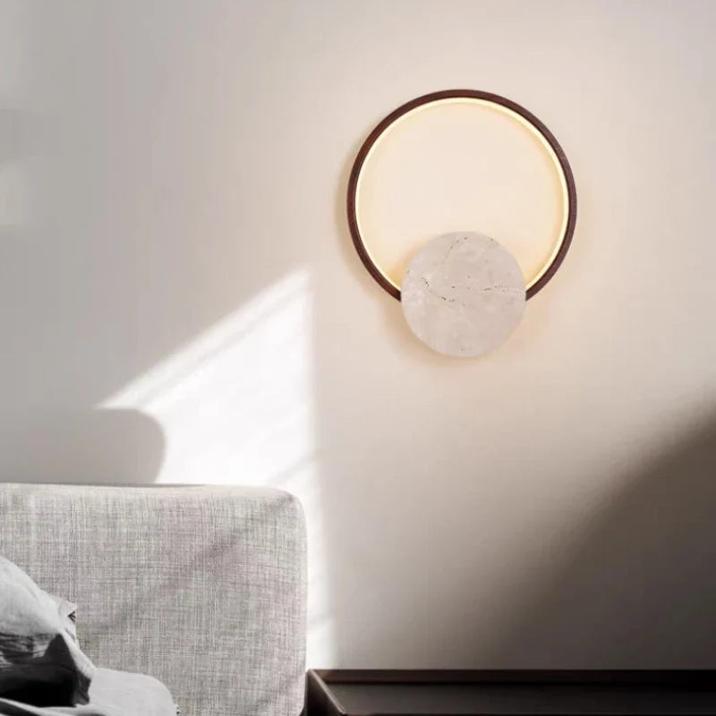 Axyaa Round Stone LED Wall Light Dark Wood Dimmable Indoor Sconce