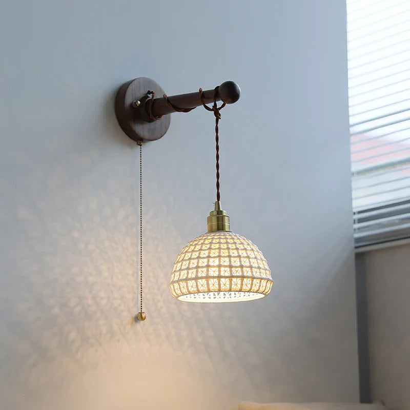 Axyaa White Ceramic LED Wall Lamps with Black Walnut Wood Pull Chain Switch