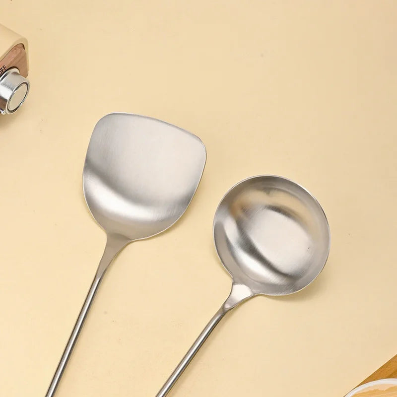 Axyaa Stainless Steel Wok Spatula Ladle Set with Wooden Handle