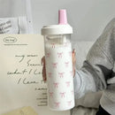 Axyaa Bow Water Bottle: 850ml Kawaii Plastic Tumbler with Straw for Juice, Coffee, Tea