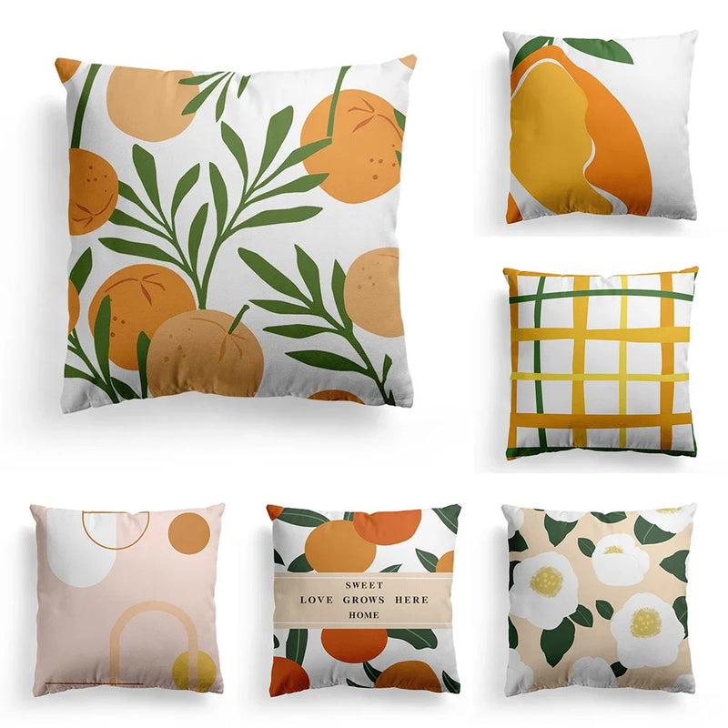 Axyaa Grid Flower Cushion Cover Orange Lemon Pillow Cover Home Decor Sofa Cushions