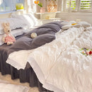 Axyaa Seersucker Ruffle Bedding Set - King/Queen Solid Color Princess Style Cotton Comforter Cover