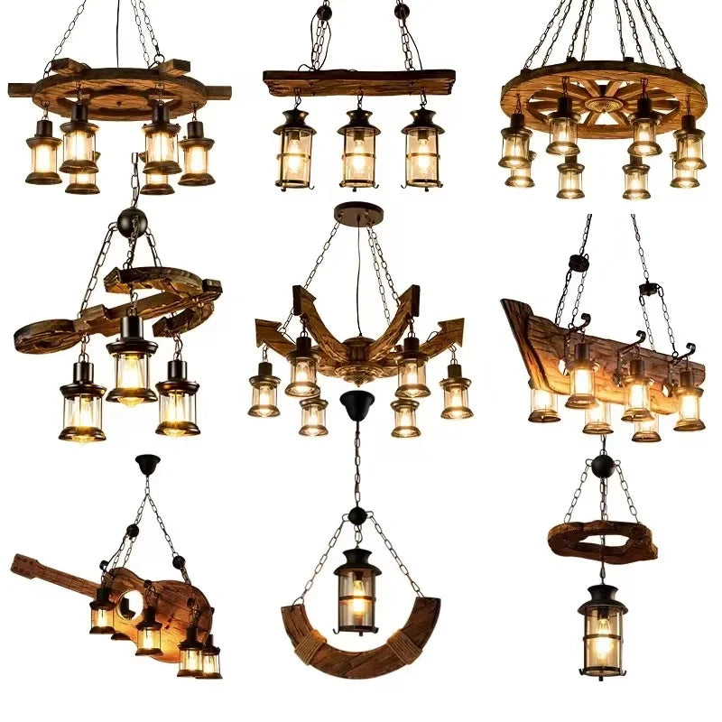 Axyaa Retro Industrial Wood Iron LED Pendant Lights - Bar Cafe Decoration Suspend Lamps