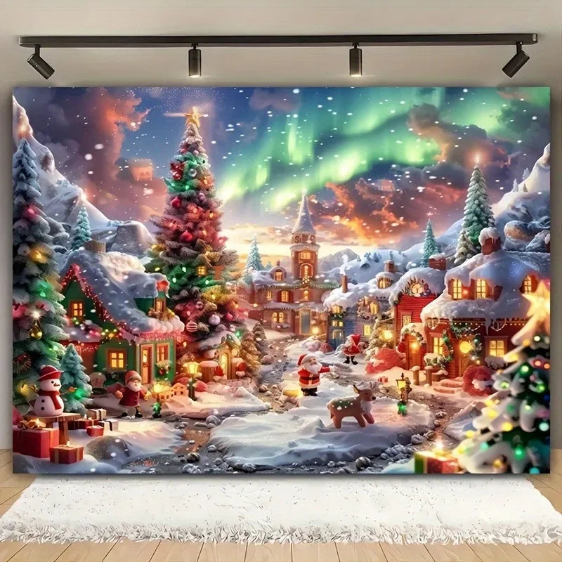 Axyaa Christmas Town Aurora Snow Tapestry for Festive Home Decor