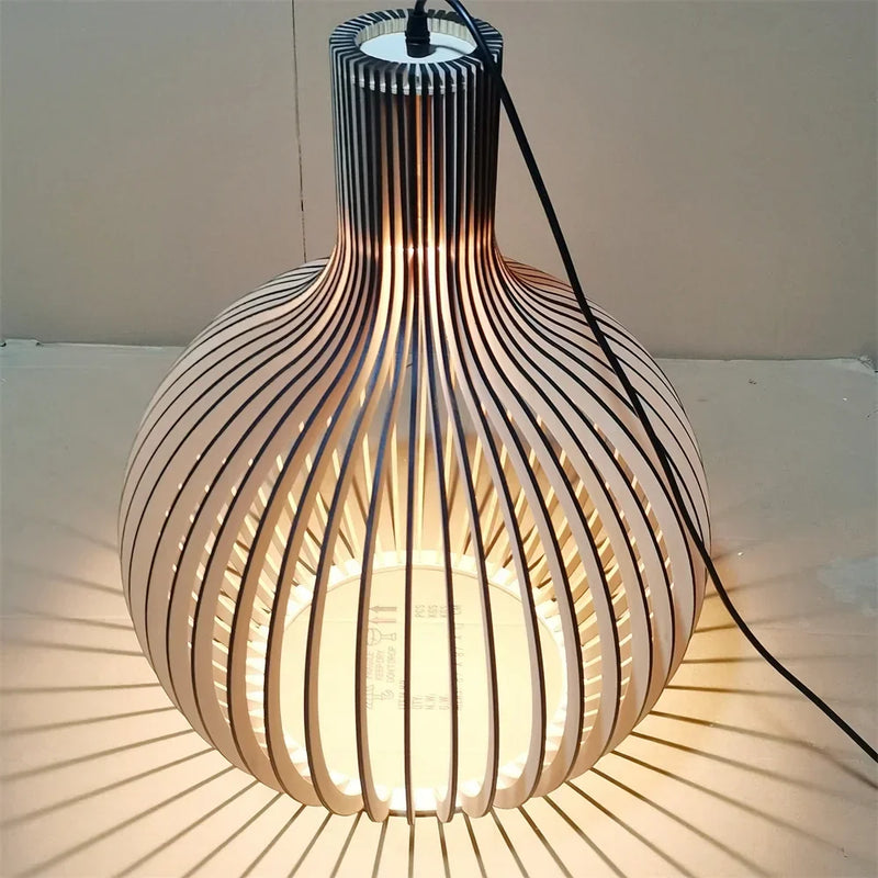 Axyaa Modern Wood Birdcage Chandelier with Black and White Orb for Dining and Living Decor