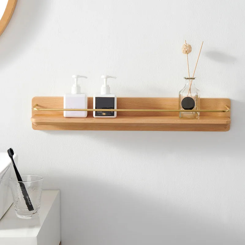 Wooden Brass Hook Towel Rack Wall Shelf for Bathroom Storage by Axya