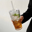 Axyaa Stripe Glass Cup with Lid and Straw for Juice, Tea, Coffee, and more