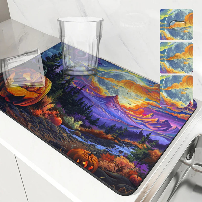 Axyaa Halloween Forest Moon Mountain Drying Mat