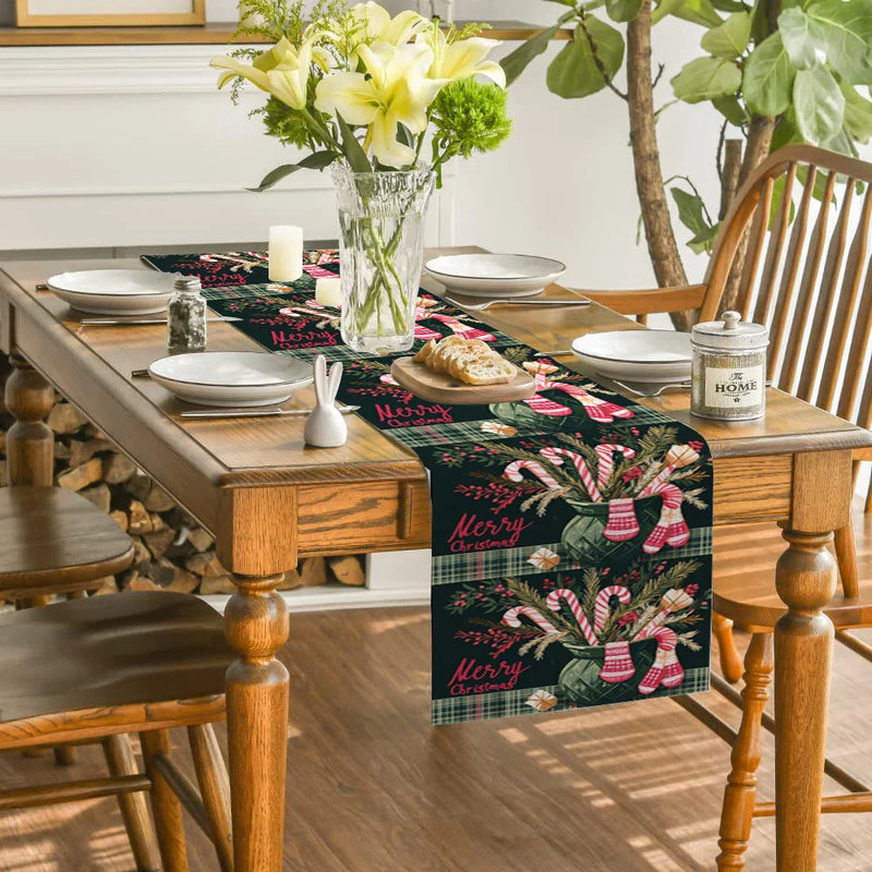 Axyaa Christmas Holiday Table Runner Gloves Fir Berries Decor Sugar Cane