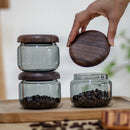 Axyaa 300ml Grey Glass Storage Jar with Acacia Walnut Lid for Dry Food and Snacks