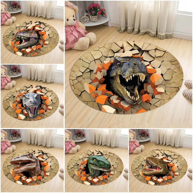 Axyaa Dinosaur Cartoon Kids Round Carpet Rug for Home Floor - Anti-Slip Mats