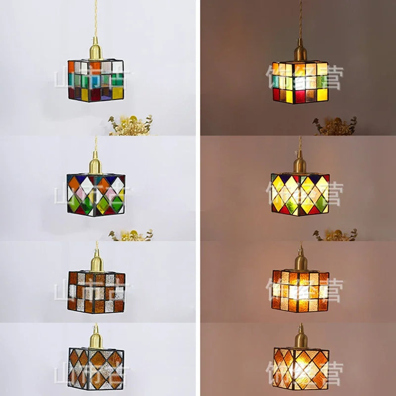 Axyaa Tiffany Cube Pendant Chandelier Stained Glass Light Fixture for Home Decor