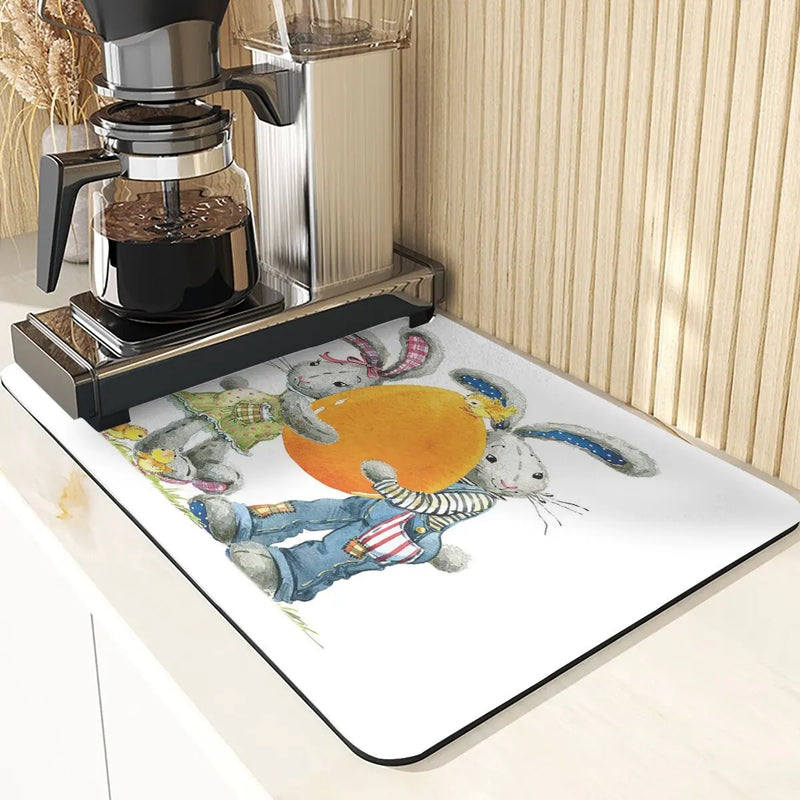 Easter Rabbit Print Kitchen Drying Mat Set by Axyaa