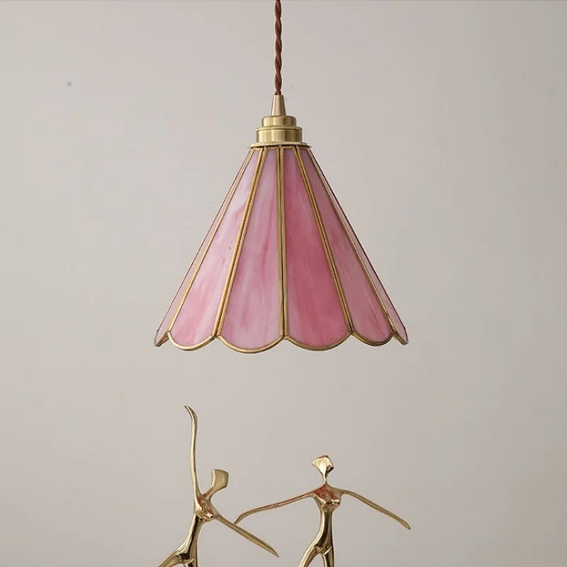 Axyaa Pink Glass LED Pendant Lights - Copper Nordic Hanging Lamp for Bedroom, Dining, and Living Room
