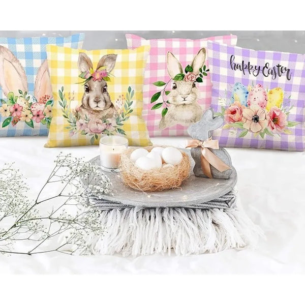 Bunny Floral Egg Print Easter Pillow Covers for Farmhouse Decor by Axyaa