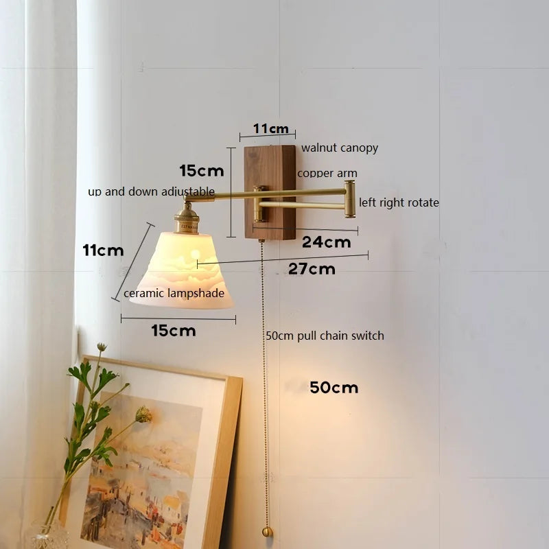Axyaa Walnut Canopy Copper LED Wall Lamp with Long Arm Rotation