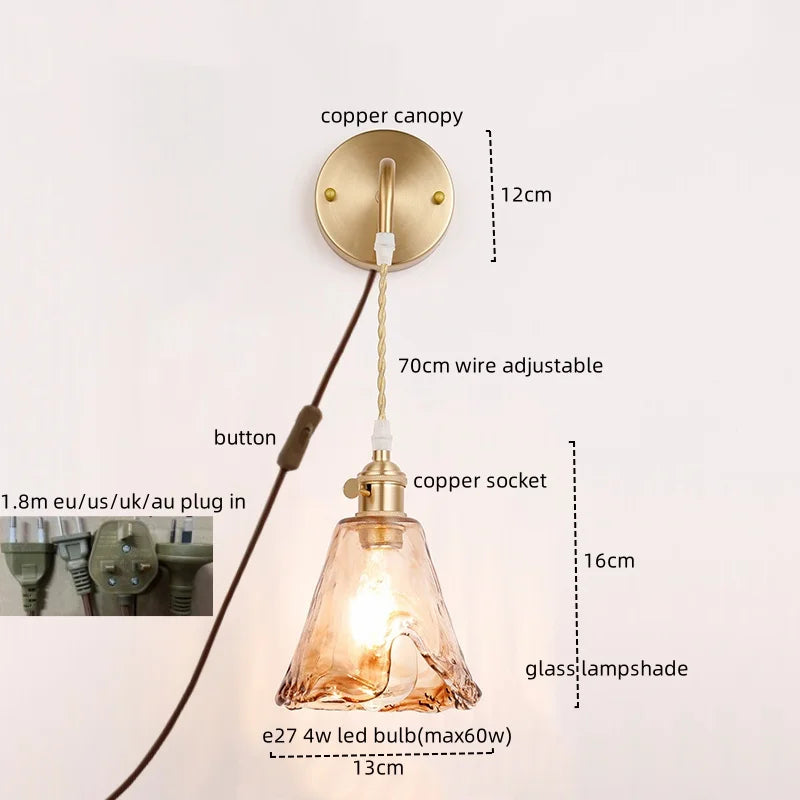 Axyaa Nordic Copper Glass LED Wall Light for Living Room, Bedroom, Bar - Modern Design