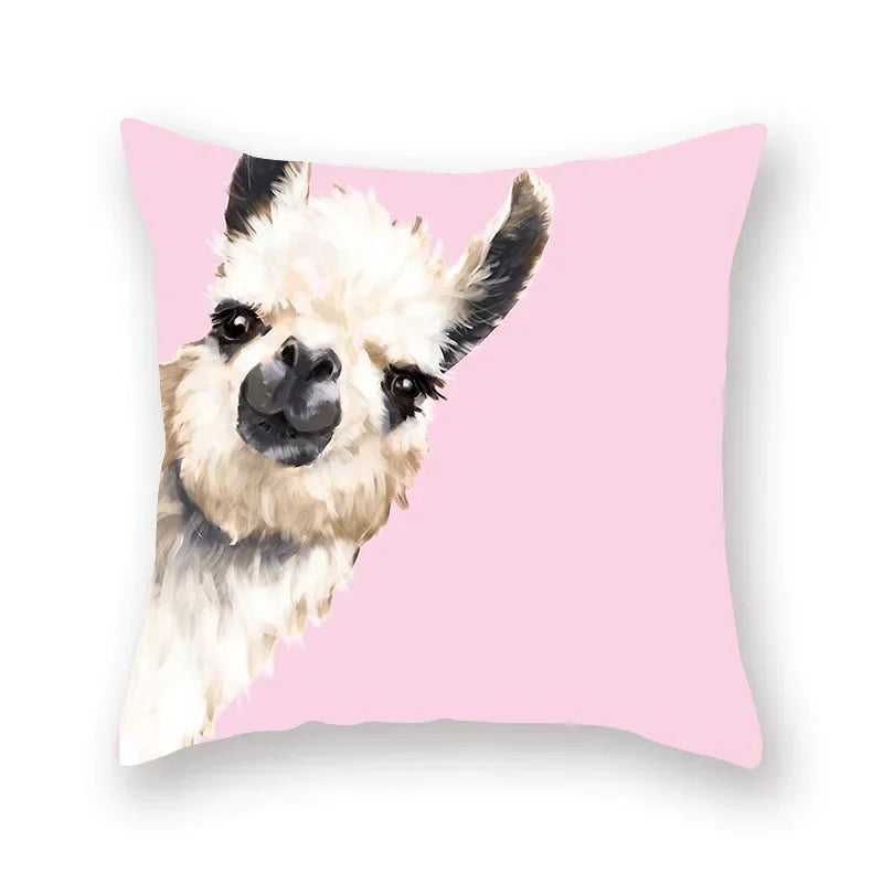 Floral Animal Painting Pillowcase Pink Cat Dog Llama Sofa Cushion Cover Home Decor