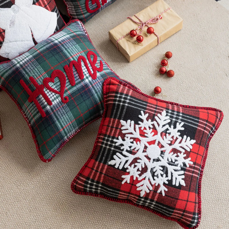 Axyaa Snowflake Jingle Bell Cushion Cover 45x45cm Checkered Christmas Pillow Case