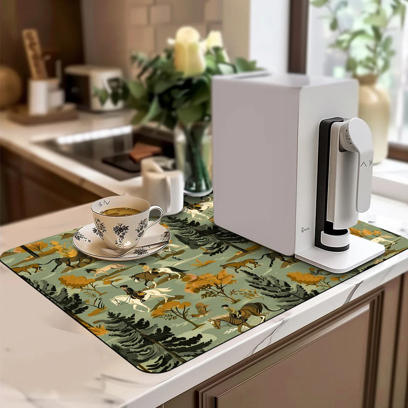 Axyaa Watercolor Plant Branches Drying Mat - Non-Slip Absorbent Tableware Counter Mat