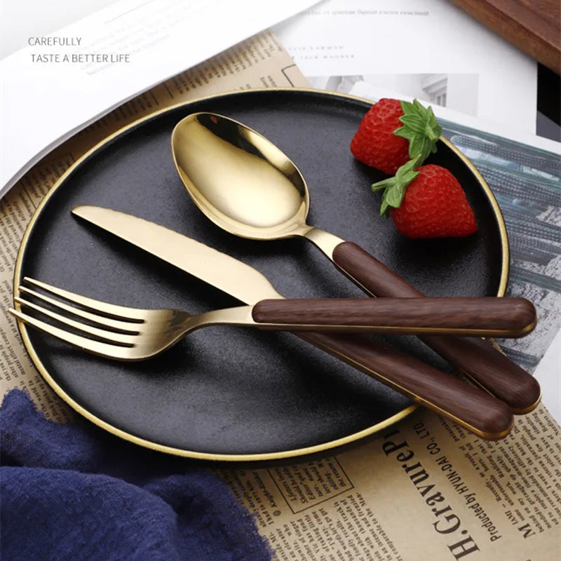 Axyaa Stainless Steel Cutlery Set with Wooden Handle - 16 Piece Dining Set