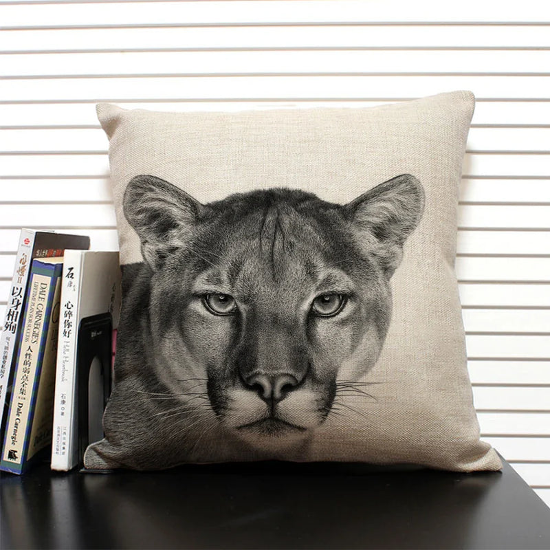 Axyaa African Animal Linen Pillow Cover 45x45cm - Lion, Elephant, Elk Portrait Decor