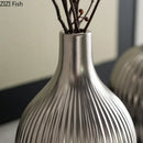 Axyaa Matte Silver Ceramic Striped Vase Room Decoration Artificial Flowers Bouquet