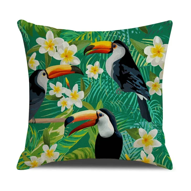 Tropical Birds Linen Pillowcase Set for Decorative Throw Cushions by Axyaa