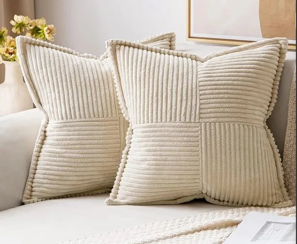 Axyaa Soft Corduroy Striped Border Throw Pillow Covers 18x18 Inch