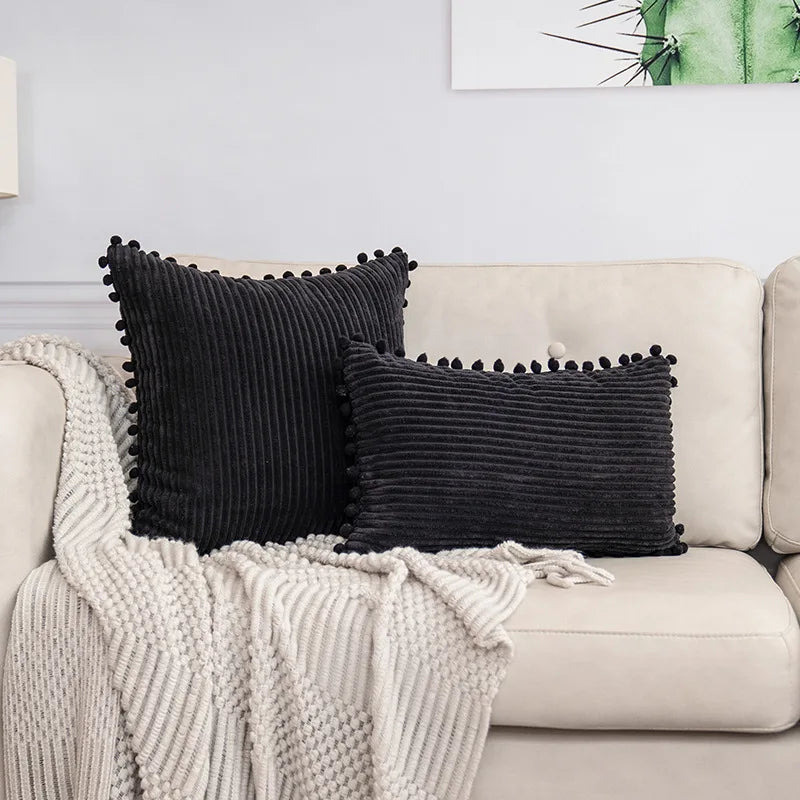 Lumbar Corduroy Boho Cushion Cover with Pom Pom Detail by Axyaa