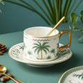 Axyaa Ocean Pattern Ceramic Flower Coffee Cup with Gold Handle and Dish