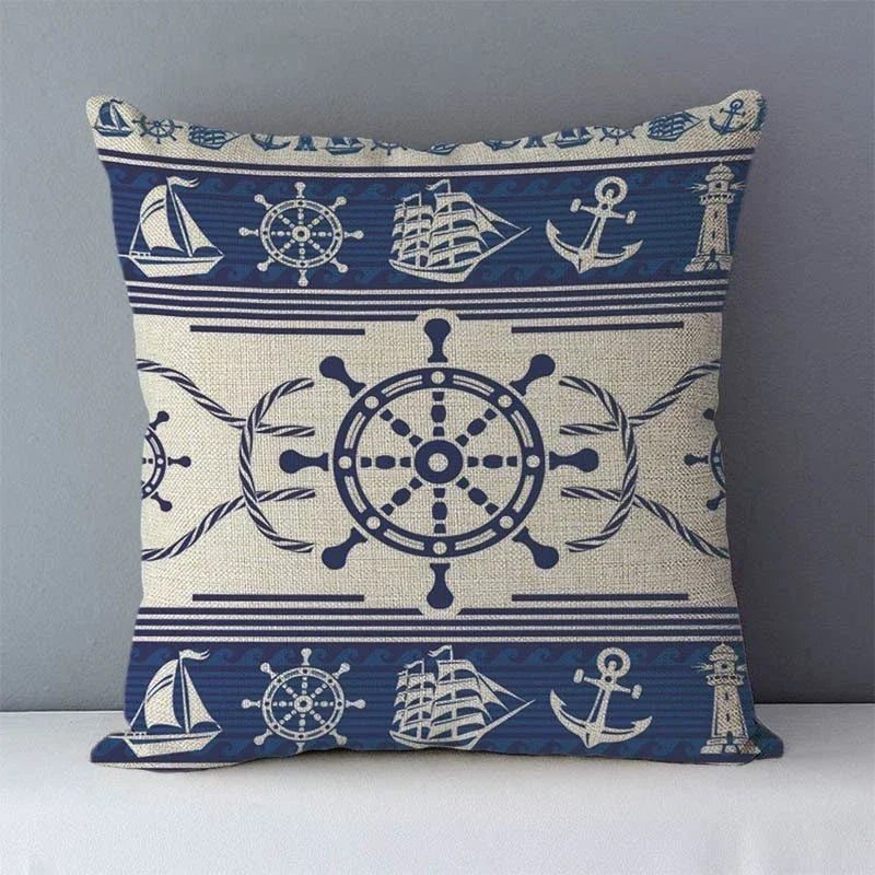 Navy Blue Mediterranean Print Linen Cushion Cover by Axyaa - 45x45cm