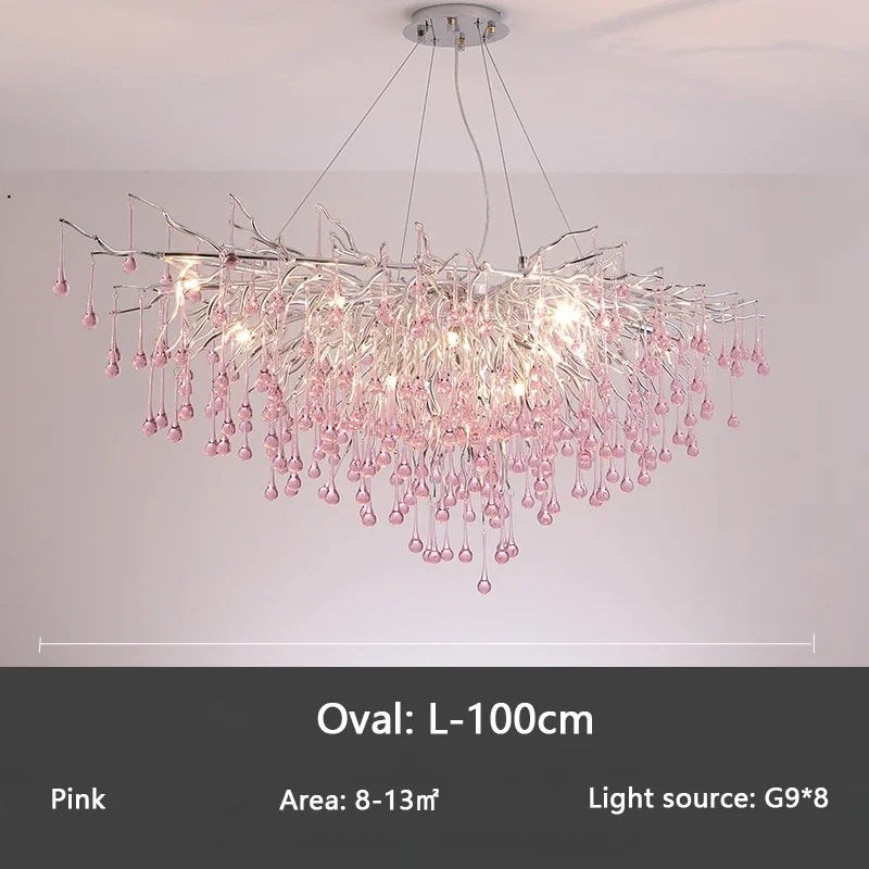 Axyaa Pink Crystal Chandelier Raindrop Pendant Light for Modern Home Decor