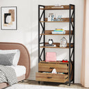 Axyaa Industrial 5-Shelf Bookcase with 2 Drawers, 70.8" Open Wood Bookshelf