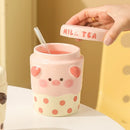 Axyaa Cartoon Milk Tea Ceramic Couple Mugs with Lid, Ceramic Straw Cup for Home and Office