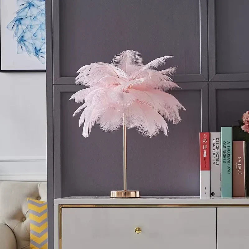 Axyaa Nordic Feather Table Lamp White Pink Ostrich Romantic Bedside Wedding Home Decor