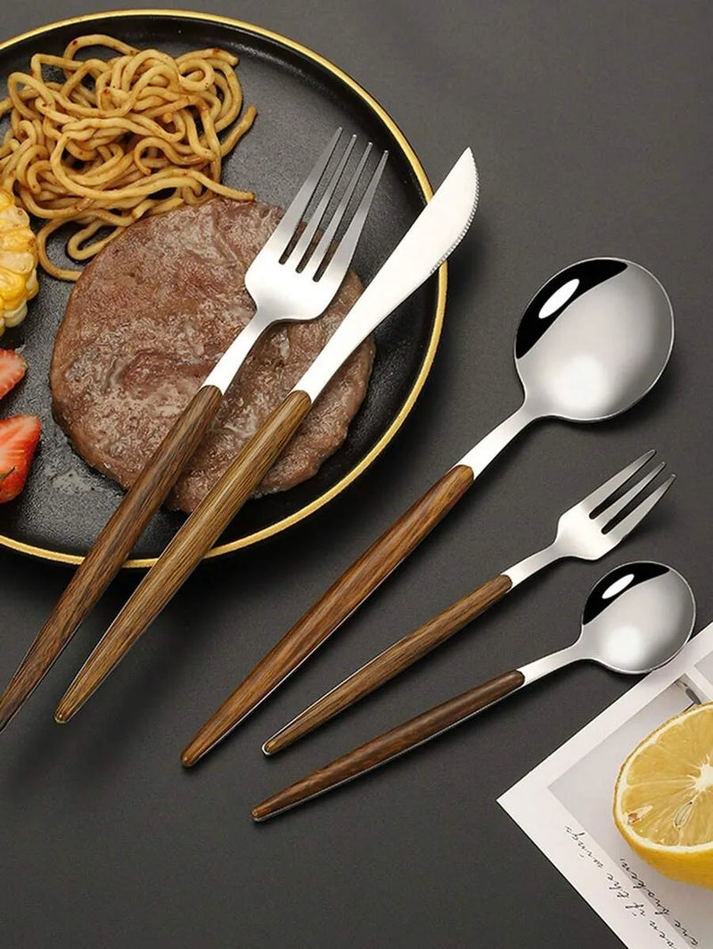 Axyaa Stainless Steel Cutlery Set with Portuguese Wood Grain Handle