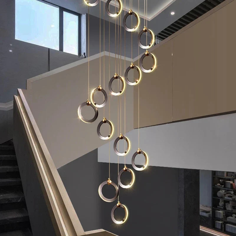 Axyaa Crystal LED Chandelier for Staircase - Minimalist Aluminum Rings, Luxury Round Hanging Lamps