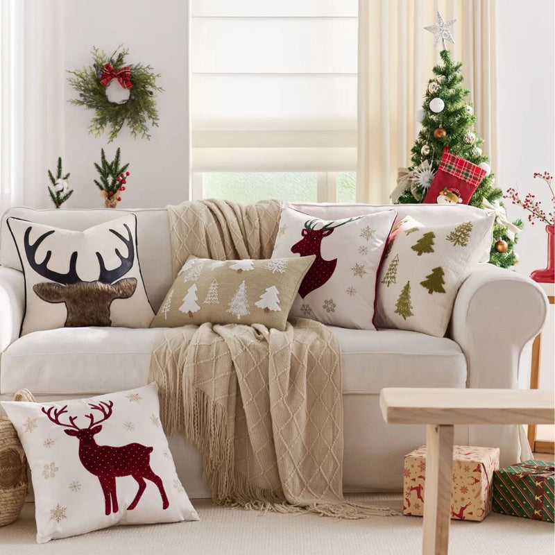 Axyaa Christmas Embroidered Pillow Cover Trees Deer Snowflakes 45x45cm 30x50cm