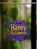 Axyaa Happy Halloween Wooden Hanging Sign with Bat Design in Purple & Yellow