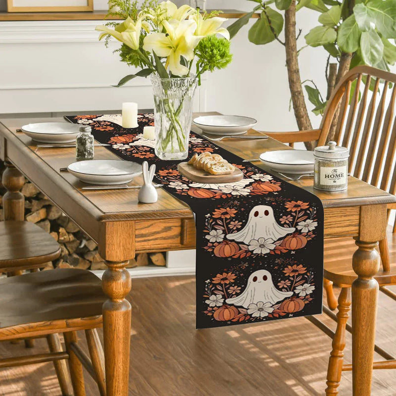Axyaa Cute Ghost Chrysanthemum Table Runner - Halloween Party Decor and Dresser Table Accent