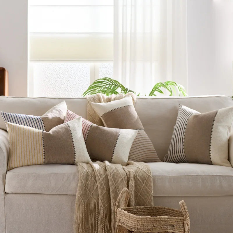 Cream Tan Two Tone Striped Pillow Cover for Home Sofa Couch Living Room by Axyaa