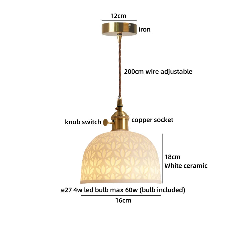 Axyaa White Ceramic Brass LED Pendant Light Modern Nordic Hanging Lamp