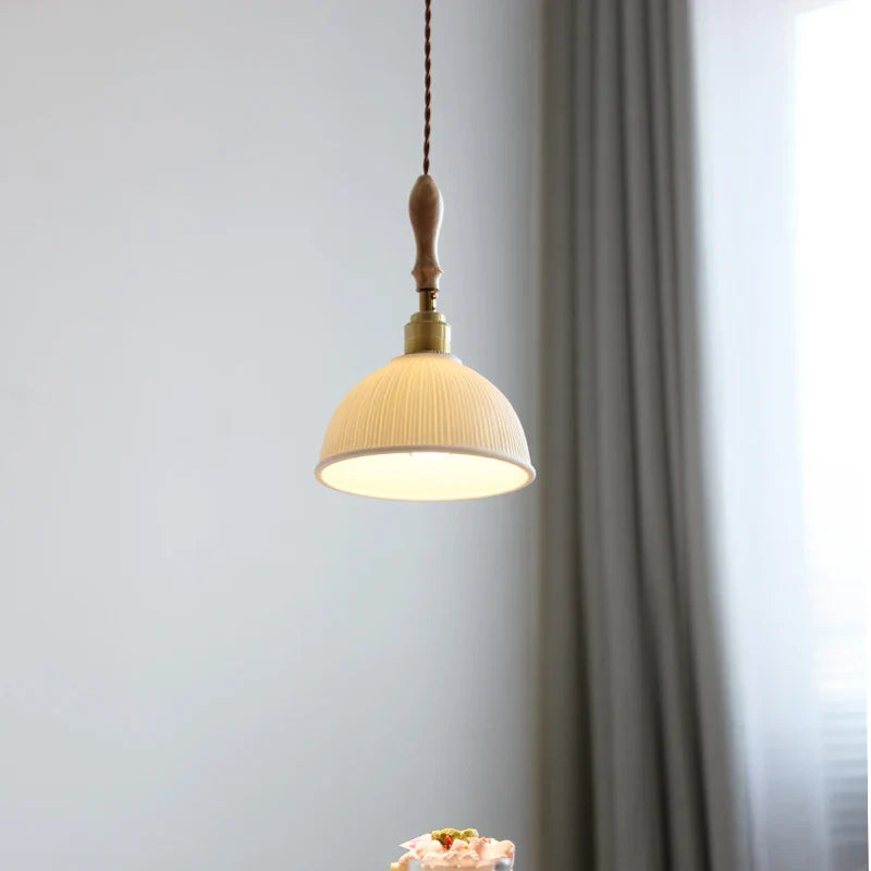 Axyaa Ceramic Pendant Light Wood White LED Lamp for Living Room & Cafe