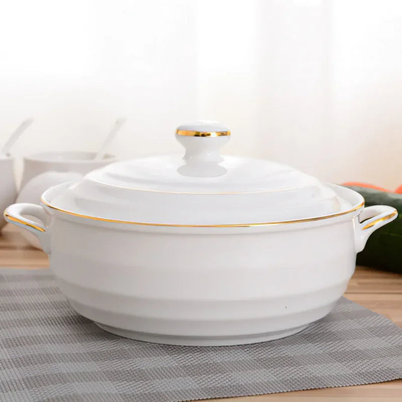 Axya Phnom Penh White Ceramic Soup Pot with Lid 1.4L - Kitchen Tableware Utensils