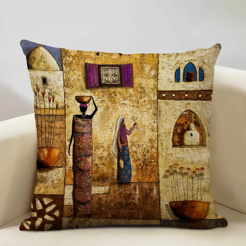 Axyaa African National Style Oil Painting Cushion Cover for Living Room Sofa Art